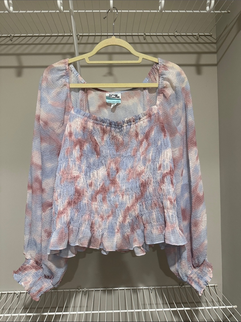 Smocked Tie-Dye Peasant Blouse - Pink & Blue